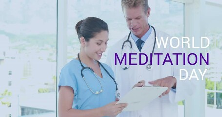 Poster - Animation of world meditation day text over caucasian doctors talking