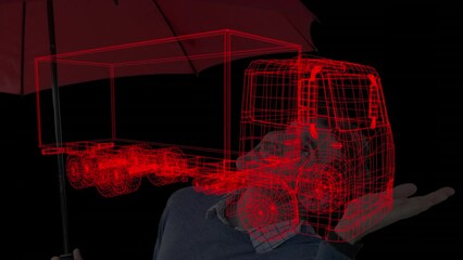 Poster - Animation of digital lorry over caucasian man with umbrella