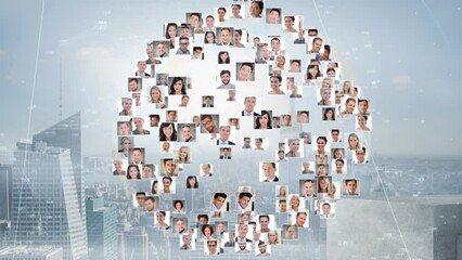 Poster - Animation of globe made of user photos over cityscape