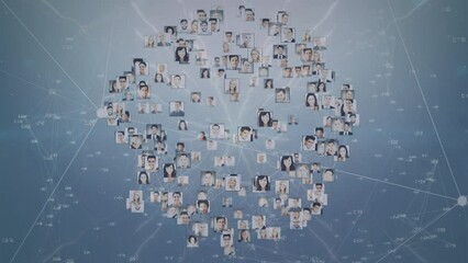 Poster - Animation of network of connections and globe made of user photos on grey background