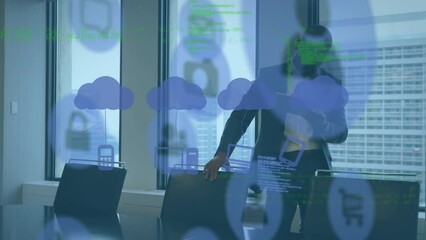 Poster - Animation of clouds, icons and data over african american businessman in office