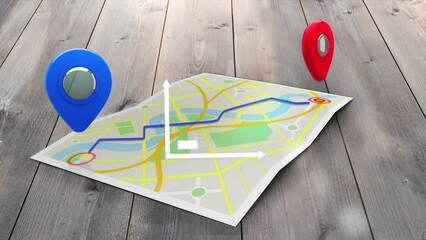 Poster - Animation of graph over tag icons and city map on wooden background