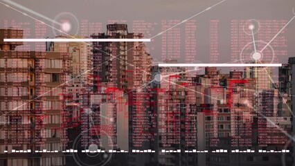 Poster - Animation of data processing with network of connections over cityscape