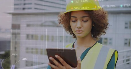 Poster - Animation of data processing over african american woman using tablet