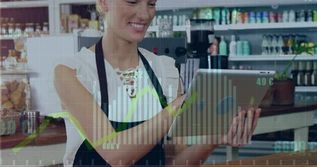 Poster - Animation of data processing over caucasian woman using tablet