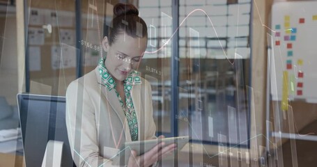 Poster - Animation of data processing over caucasian woman using tablet