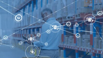 Poster - Animation of network of connections with icons over caucasian male worker in warehouse