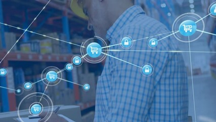 Poster - Animation of network of connections with icons over caucasian male worker in warehouse