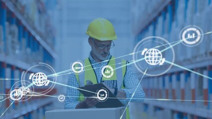 Poster - Animation of network of connections with icons over caucasian male worker in warehouse