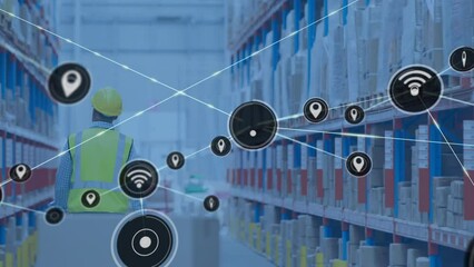 Poster - Animation of network of connections with icons over caucasian male worker in warehouse