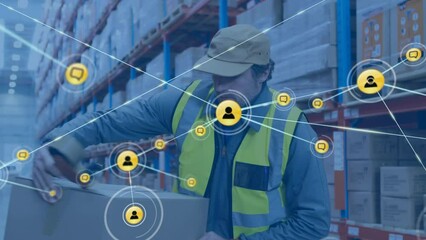 Poster - Animation of network of connections with icons over caucasian male worker in warehouse