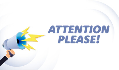 Poster - Hand hold megaphone. Attention please, realistic 3d megaphone, loudspeaker with lightning. Symbols Speaker, Social media, Advertising and promotion. Vector