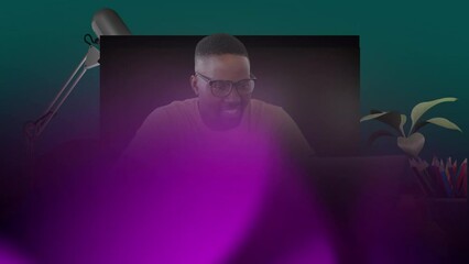 Poster - Animation of happy african american man with laptop covered with purple shape