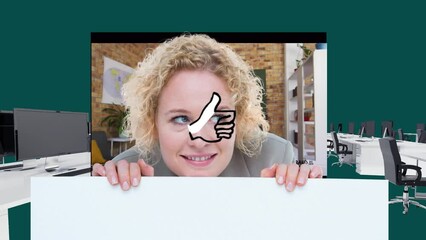 Poster - Animation of like hand over happy caucasian woman with banner