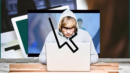 Poster - Animation of arrow over caucasian male programmer over screen