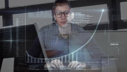 Poster - Animation of caucasian businessman using computer over data processing