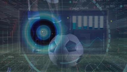 Poster - Animation of screens with data processing over african american male soccer player kicking the ball