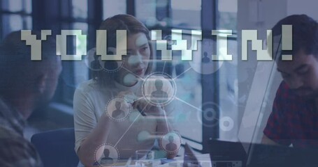 Poster - Animation of you win text and dna structure spinning over asian woman talking to her colleagues