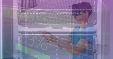 Poster - Animation of data processing over caucasian boy wearing vr headset against computer server