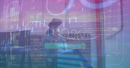 Poster - Animation of data processing over woman wearing vr headset at office