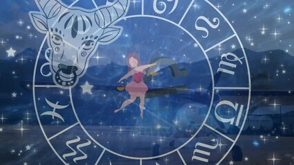 Poster - Animation of zodiac signs and icons over plane and landscape