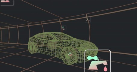 Poster - Animation of digital icons over car icon in seamless pattern against grey background