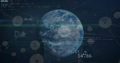 Poster - Animation of network of digital icons and cyber security data processing against globe