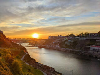 Canvas Print - Sunset cityscape bridge Porto Portugal