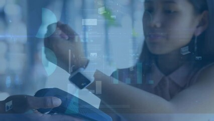 Poster - Animation of statistical data processing over asian woman making payment using her smartwatch
