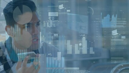 Poster - Animation of statistical data processing over biracial man woman talking on smartphone