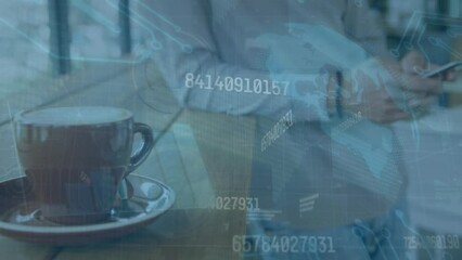 Poster - Animation of data processing and spinning globe over mid section of man using smartphone at a cafe