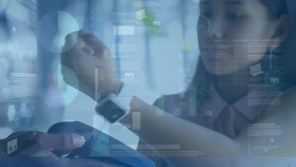 Poster - Animation of statistical data processing over asian woman making payment using her smartwatch