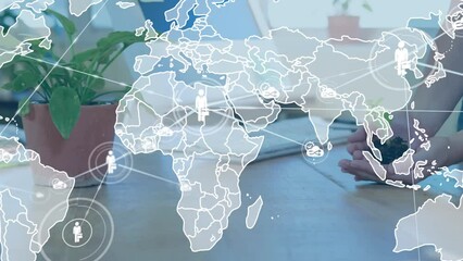 Poster - Animation of network of profile icon and world map over mid section of woman holding plant sampling