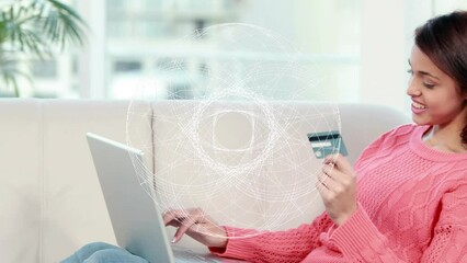 Poster - Animation of globe of network of connections over biracial woman with credit card using laptop