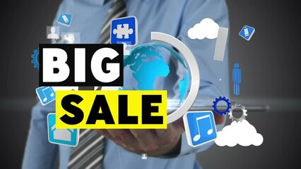 Poster - Animation of big sale text with globe and icons over caucasian businessman using tablet