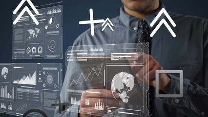 Poster - Animation of shapes and data processing over caucasian businessman using tablet