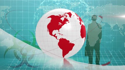 Poster - Animation of globe and data processing over businessman silhouette and world map on blue background