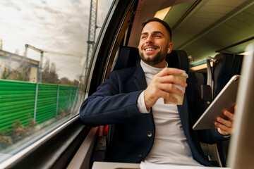 project manager going over results and data on a lead project via video call on a commute by train a