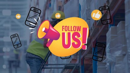 Poster - Animation of social media text and icons over female worker keeping the box in warehouse