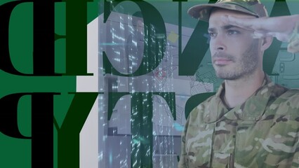 Poster - Animation of caucasian soldier over text on green background