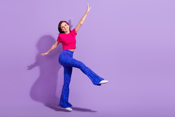 Poster - Full length photo of positive pretty lady stylish outfit enjoy free time weekend go store empty space isolated on purple color background