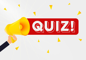 Poster - Man holding megaphone and word Quiz near chalkboard. Asking for help