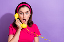 Photo Of Worried Astonished Lady Hold Phone Impressed News Information Special Offer Deal Isolated On Purple Color Background