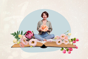 Wall Mural - Composite collage picture of impressed little girl sitting huge opened book bunch fresh flowers isolated on drawing background