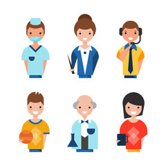 Wall Mural - Professions Avatar with Flat Man and Woman as Surgeon, Teacher, Operator, Basketball Player and Scientist Vector Set