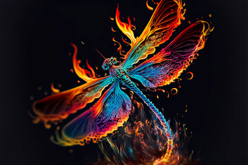 Wall Mural - Dragonfly richly multi-colored enveloped in flames on a black background