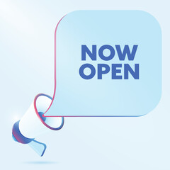 Poster - Now open text with 3d realistic megaphone vector illustration. Banner template to announce news about webinar in social media, training course, marketing technology poster