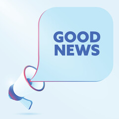 Poster - Good news text with 3d realistic megaphone vector illustration. Banner template to announce news about webinar in social media, training course, marketing technology poster
