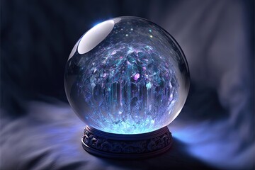 Magic crystal glass ball. Neon light, neon. Fantasy ball, predictions of the future, divination. AI