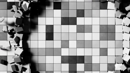 Poster - 3D background with squares and wave rings. Design. Squares move in space with 3D distortion. Ring 3d waves of destroyed squares with background